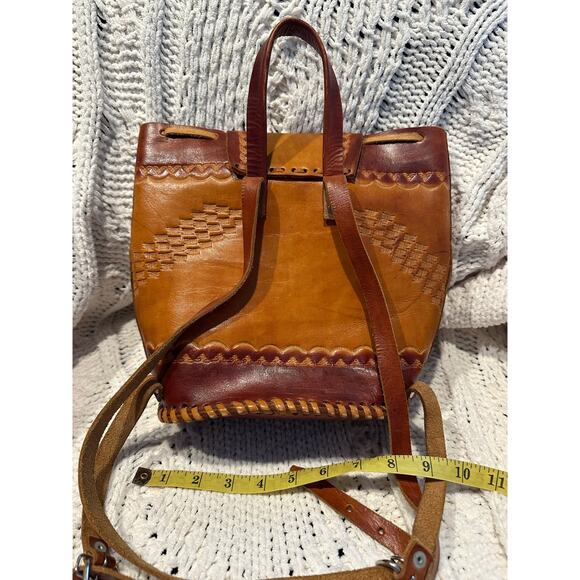 Mexican Leather Backpack Buckles Drawstring Tooled Designed Flaps Front Pocket - Picture 2 of 12